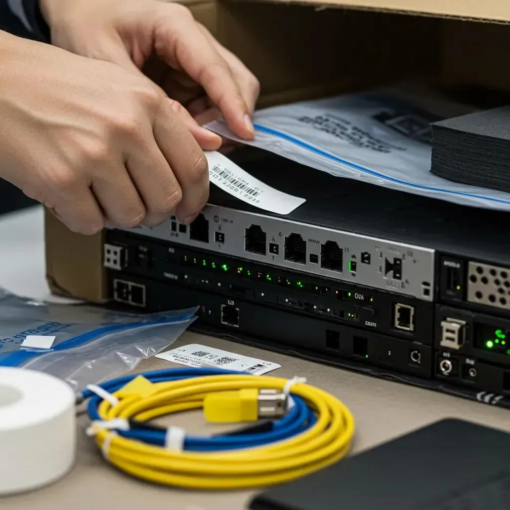 Hands opening a box containing network equipment, cables, and labels.