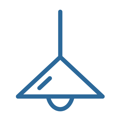 Blue line icon of a hanging lamp with a triangular shade and pull cord