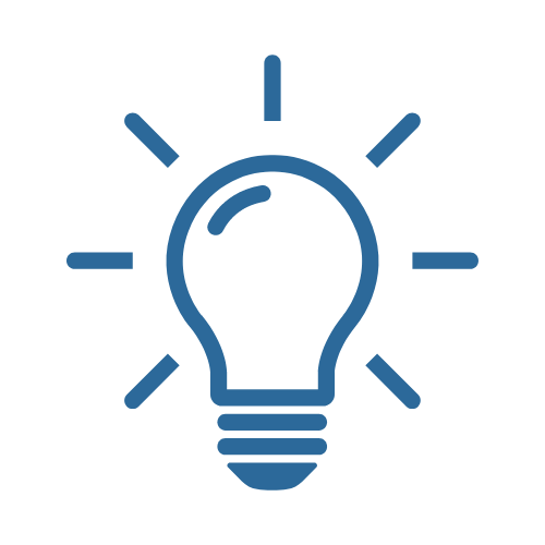 Blue outlined light bulb icon with rays, symbolizing an idea or innovation