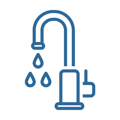 Blue outline icon of a faucet dripping water into three droplets