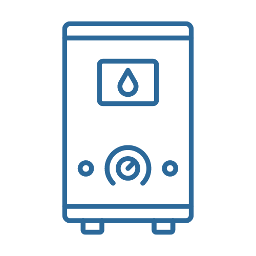 Blue line icon of a front-loading washing machine with a water droplet display and control dial