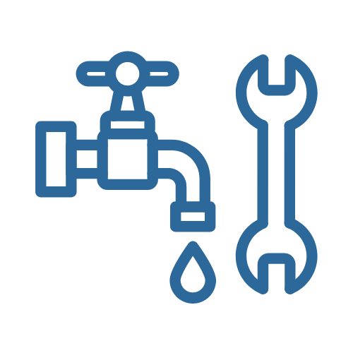 Blue faucet dripping beside a wrench icon on a white background