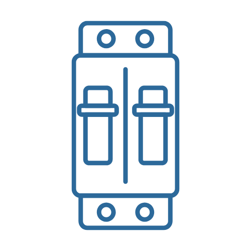 Blue line icon of a two-pole electrical switch with up and down toggles