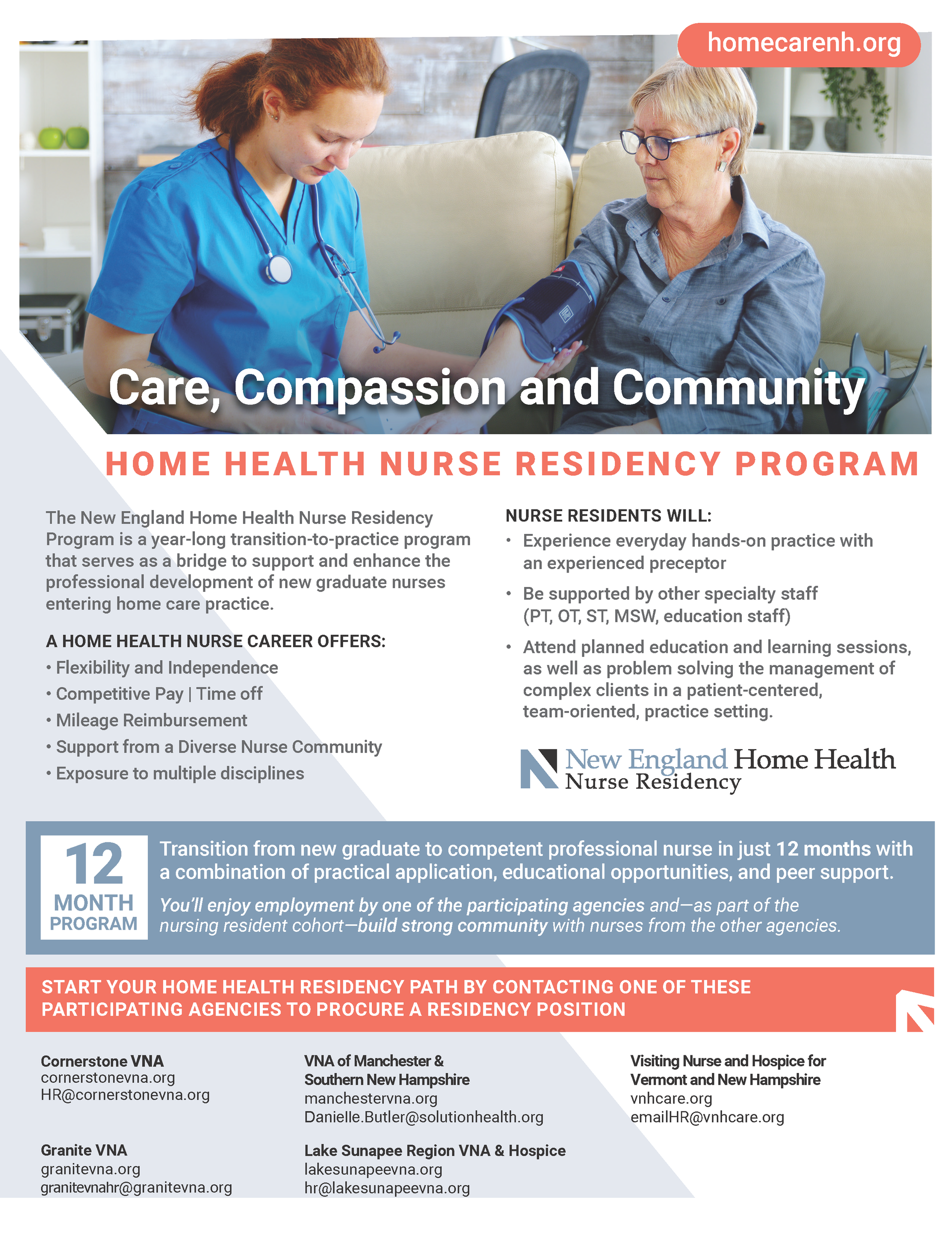 A home health nurse with a stethoscope checks an elderly woman's arm on a couch. Program advertisement.