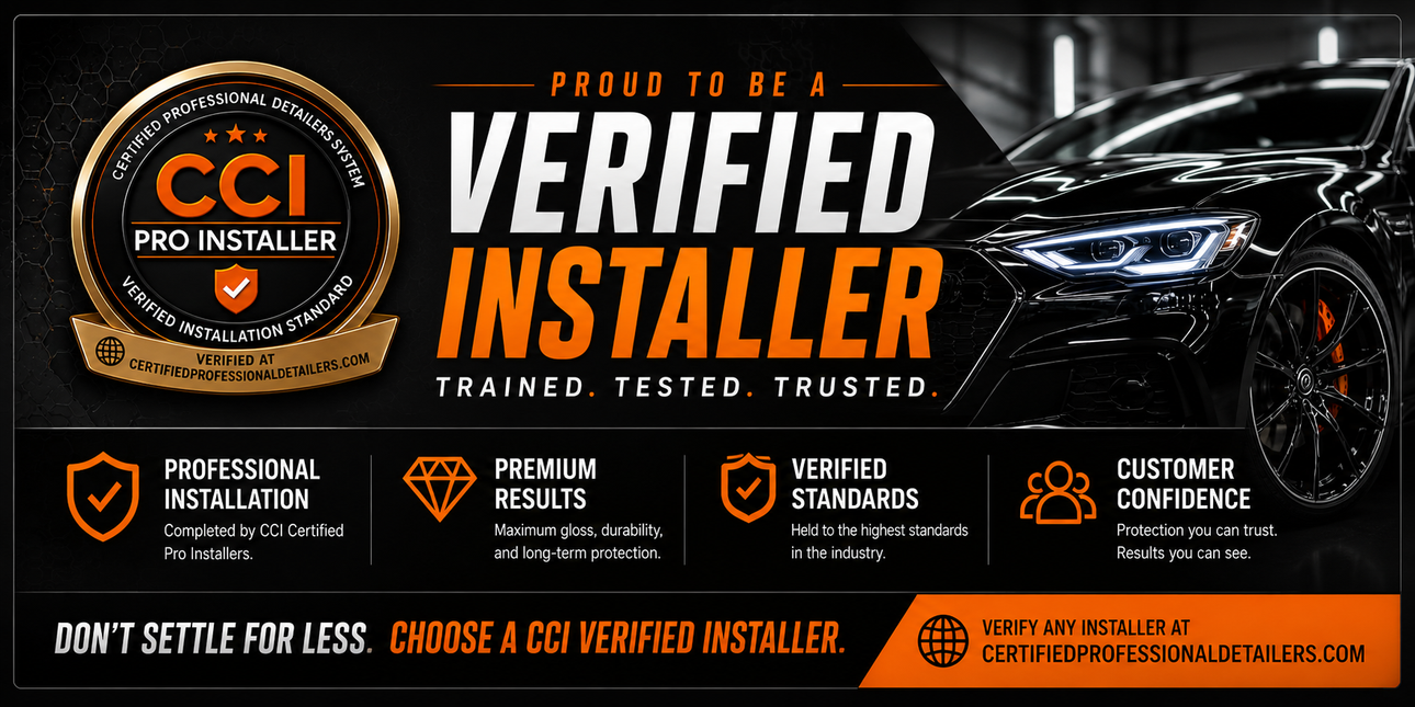 CCI Pro Staff verified installer banner with black truck, orange accents, and trust badges