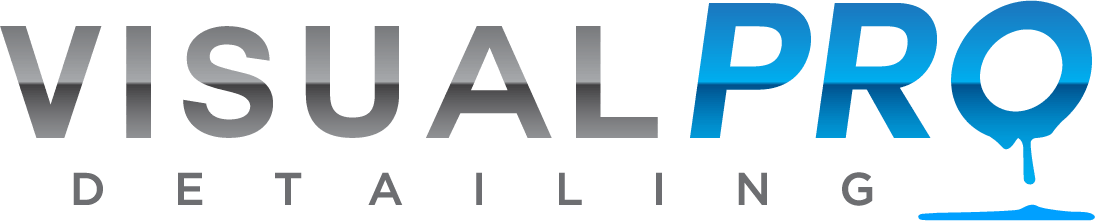 The logo for visual pro detailing is blue and white