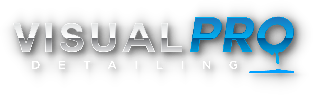 The logo for visual pro detailing is blue and silver.