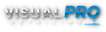 "Visual Pro Detailing" logo with white and blue text and a location pin icon.