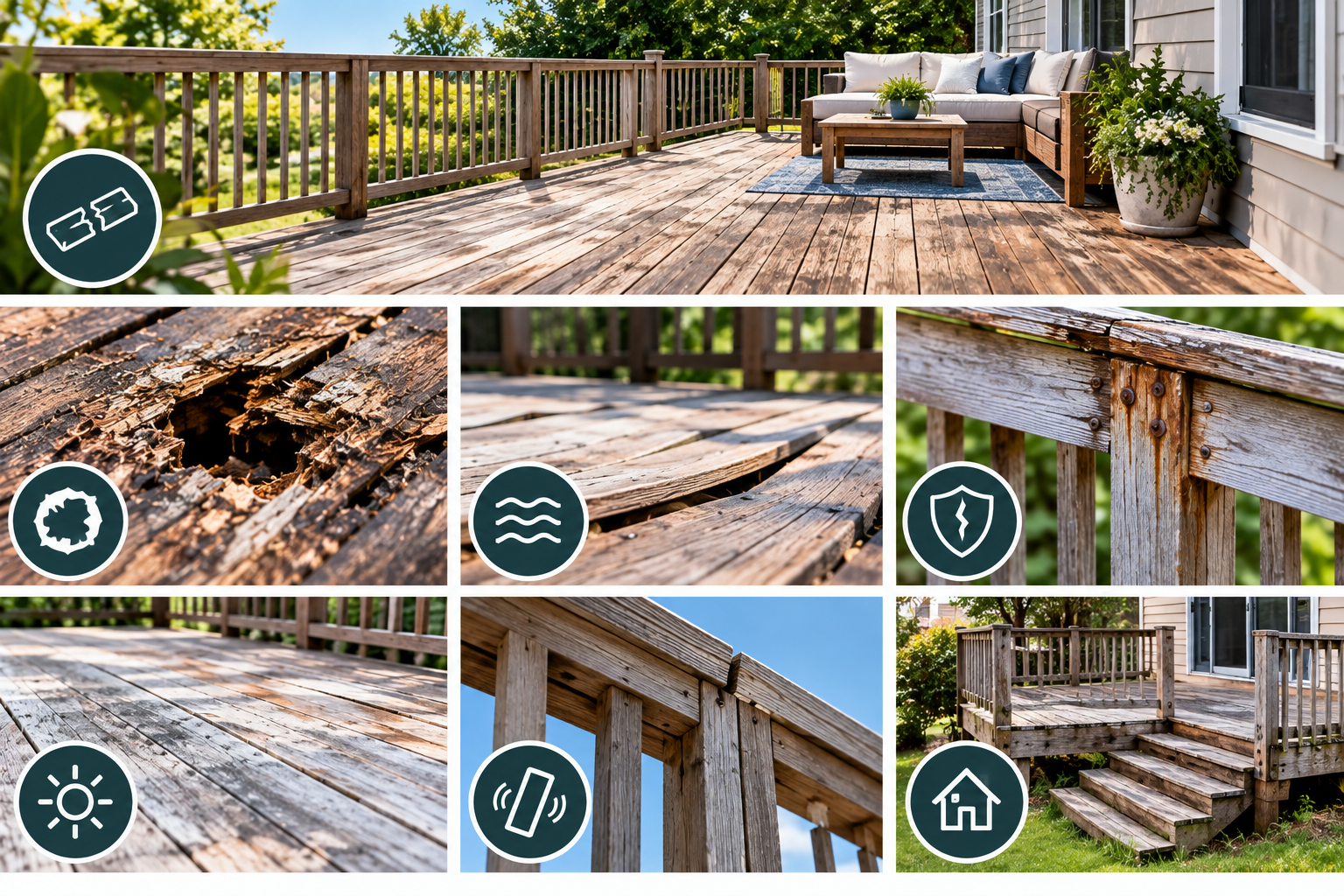 Weathered wooden deck and railing with patio furniture and close-up detail insets of damaged boards and posts