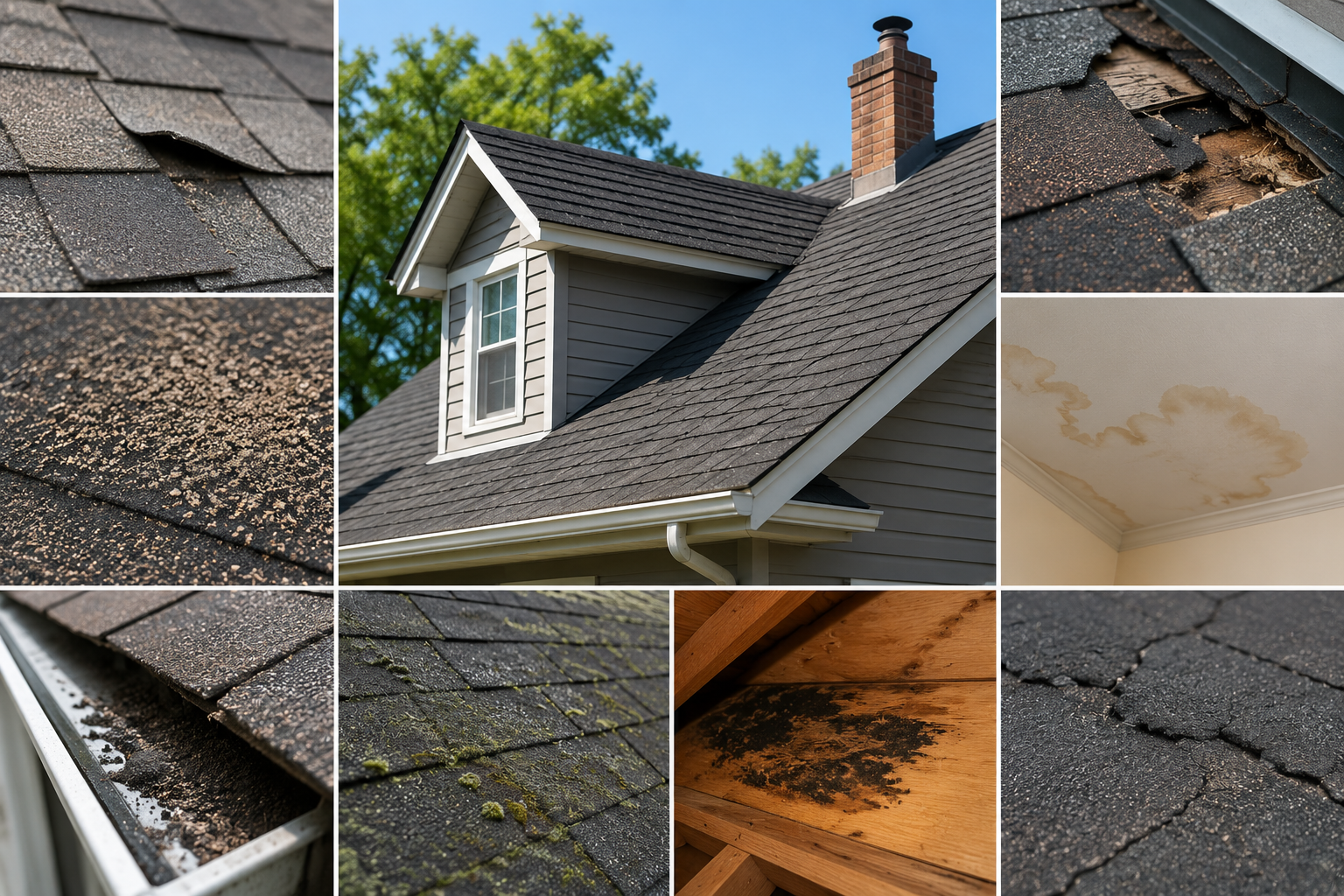 Collage of residential roof damage, including missing shingles, leaks, moss, and cracked roofing materials