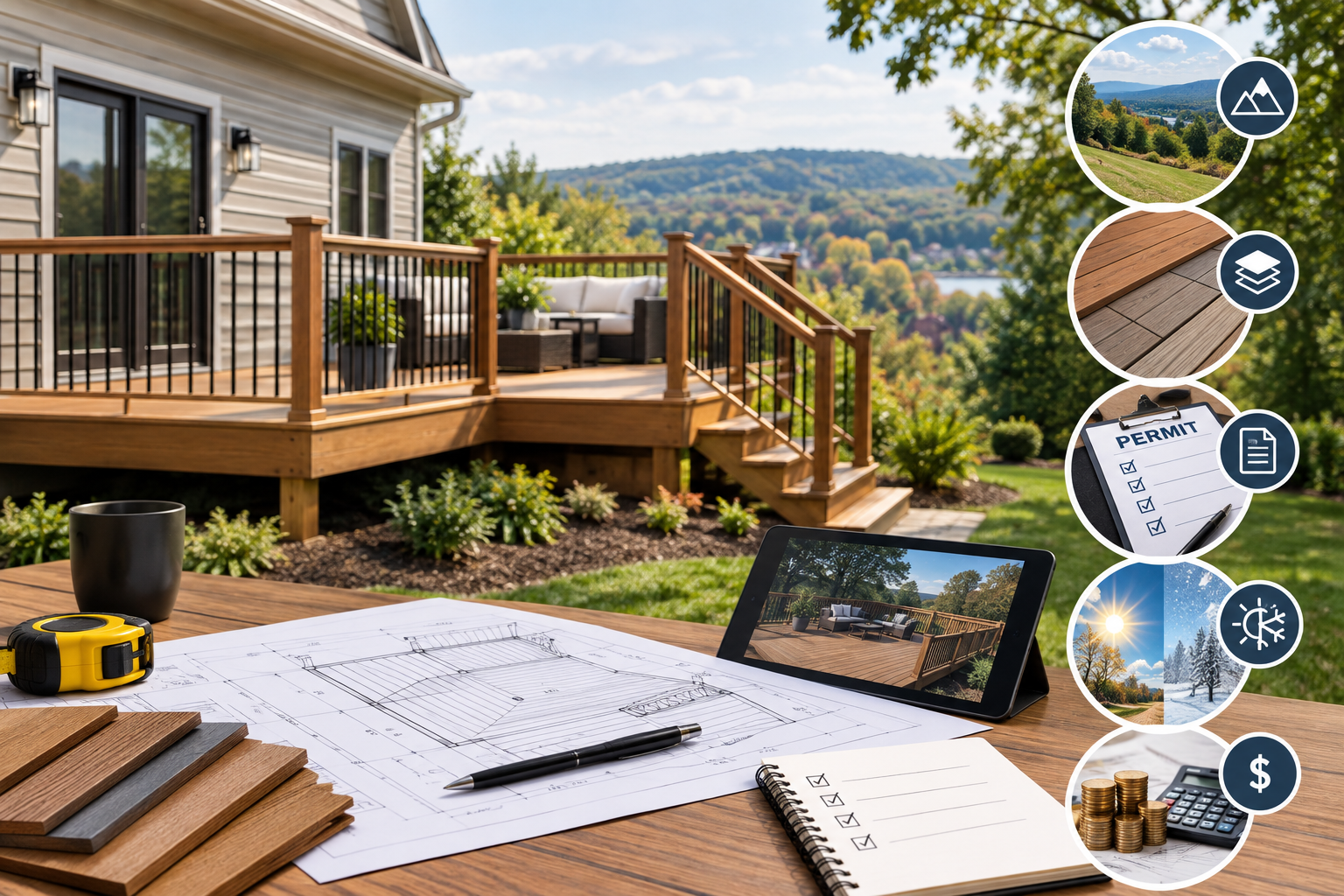 Wooden deck with railing, laptop and notebook on table, overlooking a landscaped backyard and distant hills