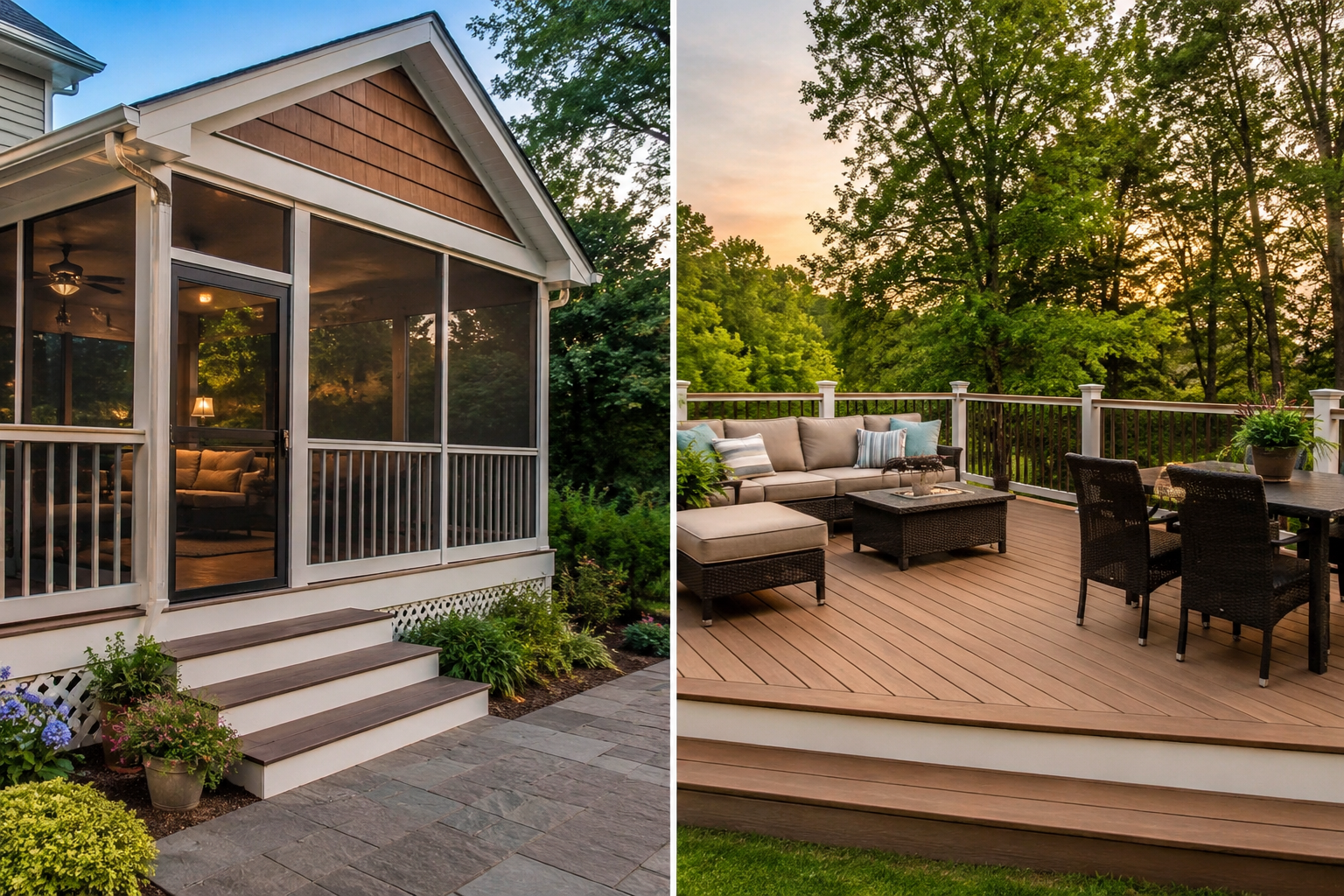 Screened porch and backyard patio with wicker seating, potted plants, and warm sunset light