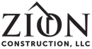 ZION Construction, LLC logo in black with a stylized roof over the O