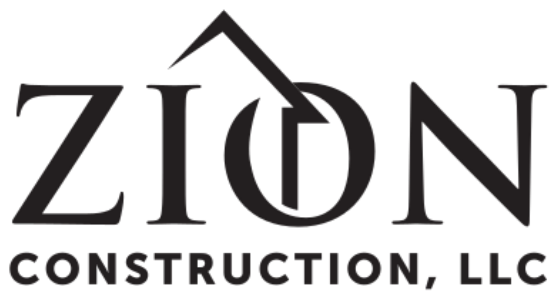 ZION Construction, LLC logo in black text with a stylized roof above the &ldquo;O&rdquo;