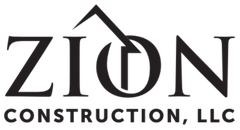 ZION Construction, LLC logo in black text with a stylized roof above the “O”