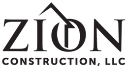 ZION Construction, LLC logo in black text with a stylized roof above the “O”