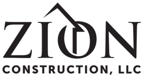 ZION Construction, LLC logo with stylized house roof over the O in black text
