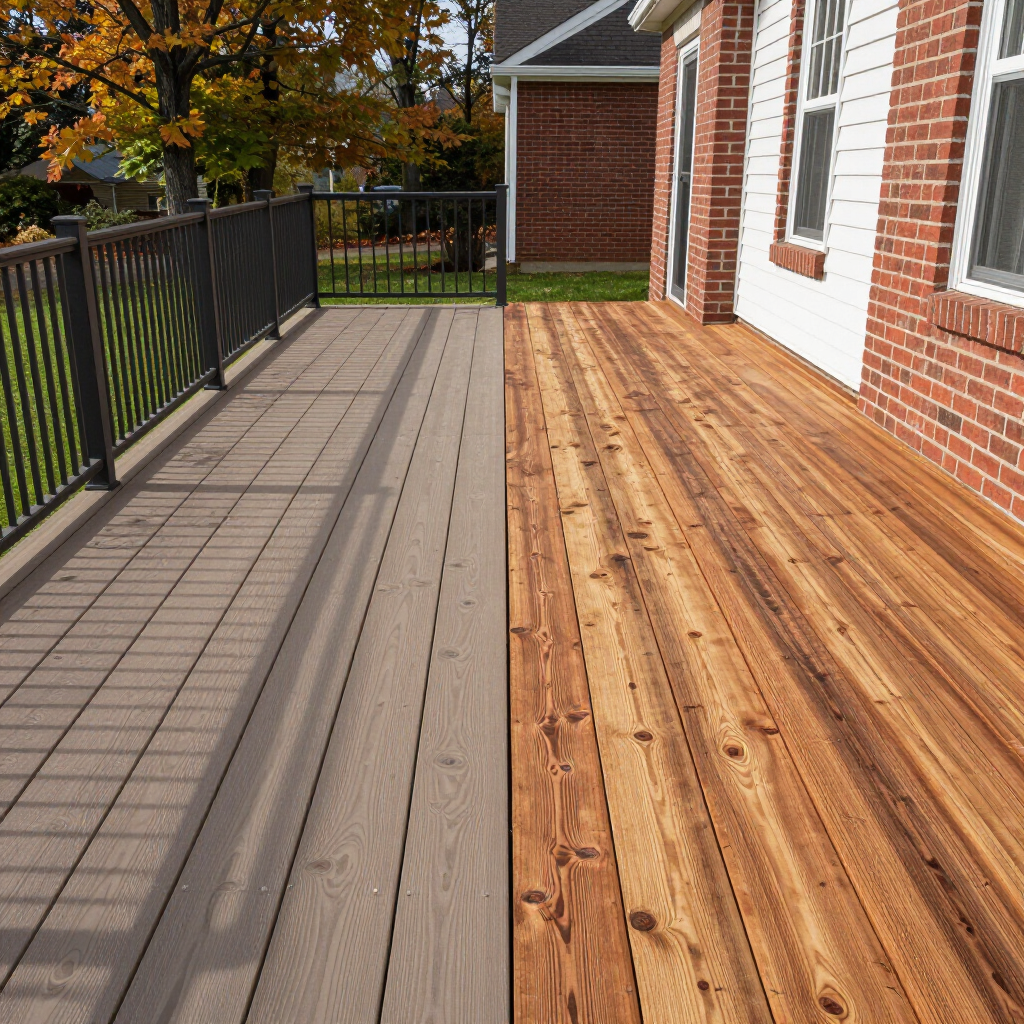 Wooden deck beside a brick house, with black railing and a tree-lined yard beyond.