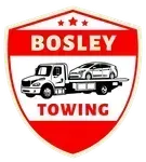 Bosley Towing logo: red shield with a tow truck hauling a car. Text reads &ldquo;BOSLEY TOWING.&rdquo;
