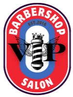 Barbershop Salon logo in red, white, blue, and black with barber pole and scissors