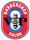 Barbershop Salon logo in red, white, blue, and black with barber pole and scissors