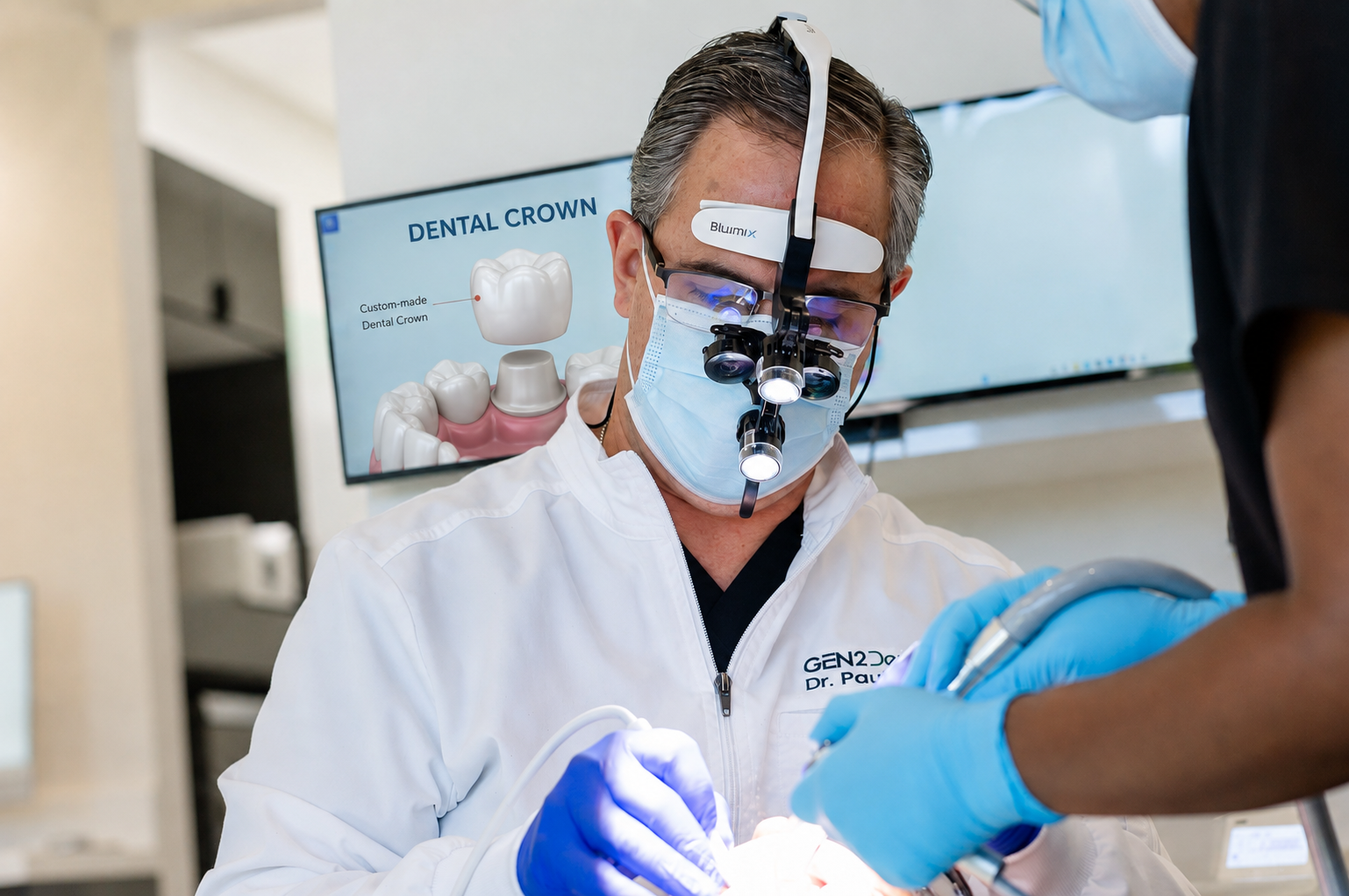 Dr. Paul Garcia at work with a dental crown diagram on screen in Davie, FL