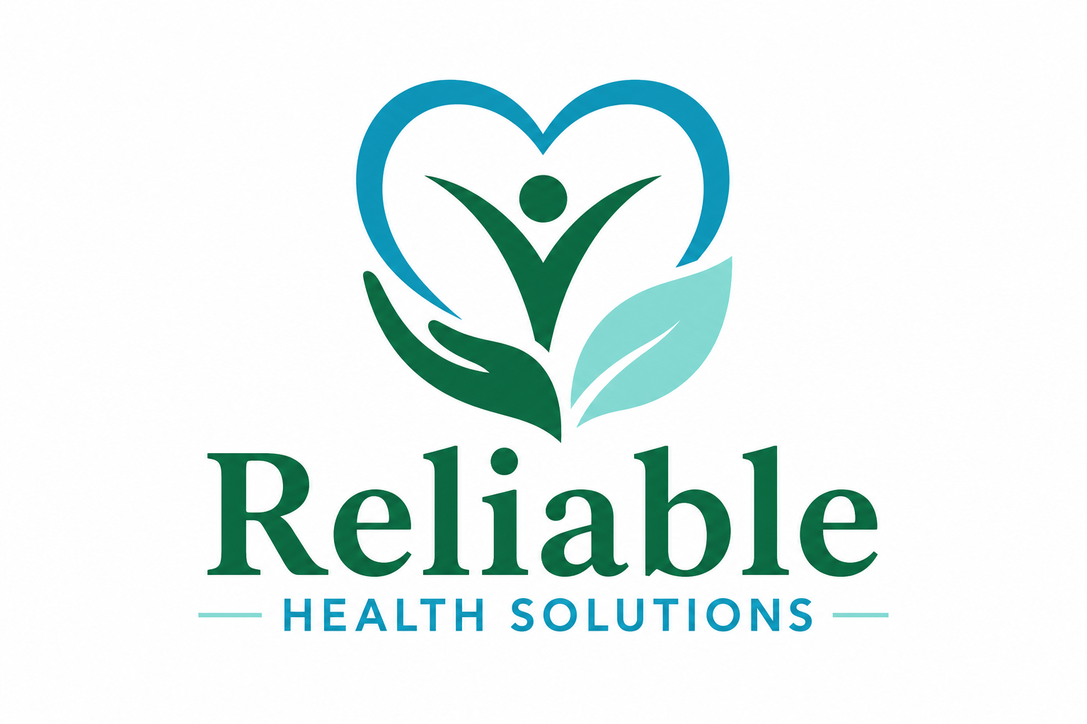 Reliable Health Solutions logo with green and teal heart-shaped leaf design and stylized person icon