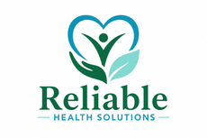 Reliable Health Solutions logo with green and teal heart-shaped leaf design and stylized person icon