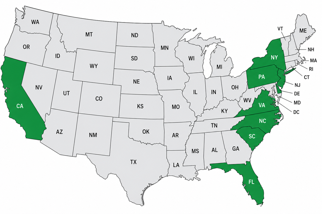 Map of the United States with several East Coast states highlighted in green and labeled by abbreviations.