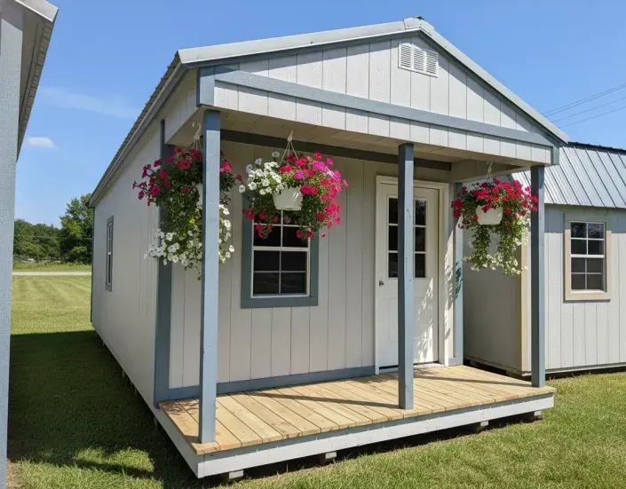 Small gray cottage porch with white trim, hanging pink flowers, and a sunny lawn.