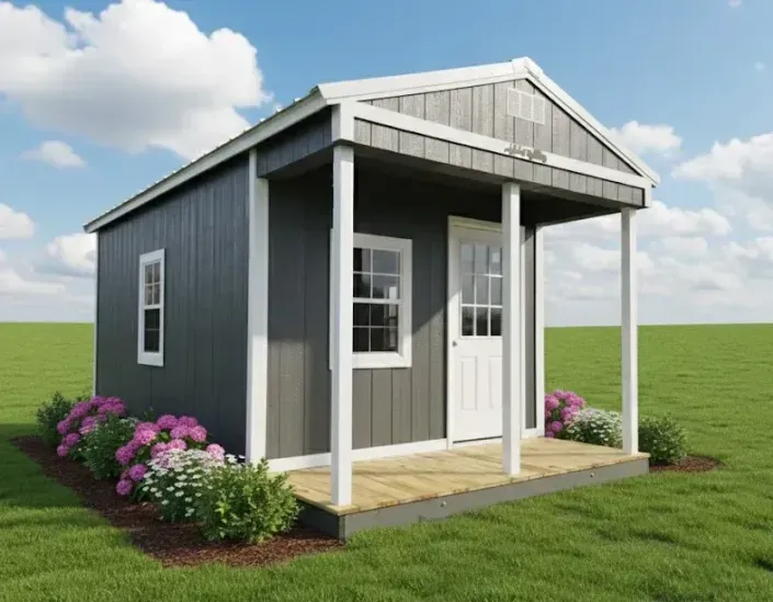 Small gray cabin with white trim, front porch, and pink flowers in a grassy yard under a blue sky