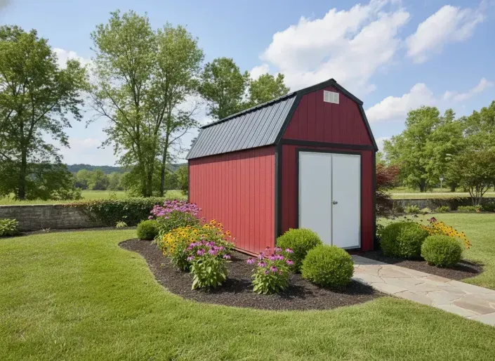 Red lofted barn with white doors and flower beds in a sunny yard