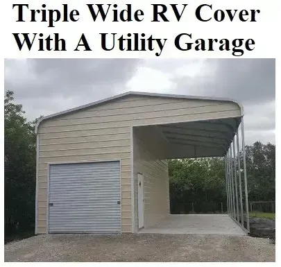 Triple-wide RV cover with beige utility garage and metal roll-up door