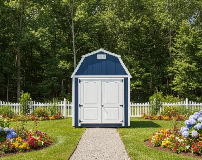 Blue garden shed with white doors on a gravel path, framed by flowerbeds and a white fence in a wooded yard