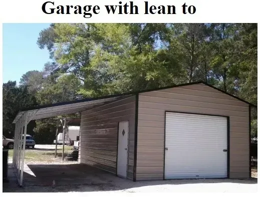 tan detached metal garage with lean to