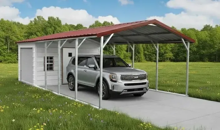 Silver SUV parked under a red-roof carport beside a small white shed in a grassy yard