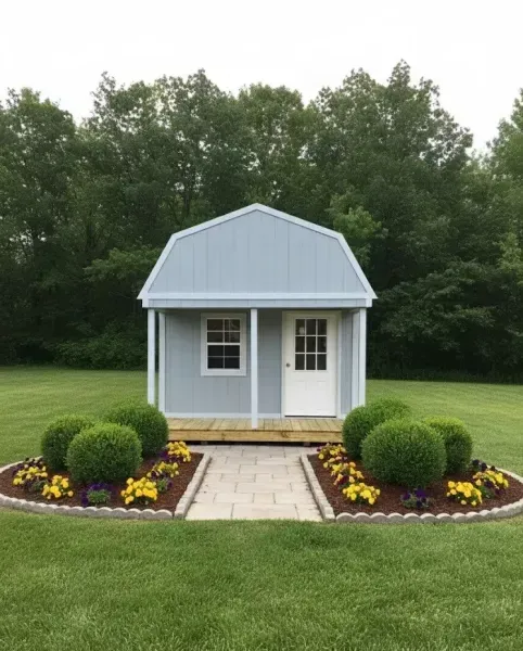 Small gray garden shed with white doors, landscaped flower beds, and a paved path in a grassy yard.