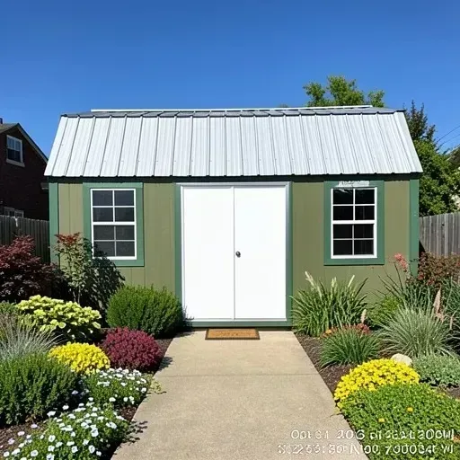 Green garden shed with white double doors and a silver roof, surrounded by colorful flowers and a concrete path