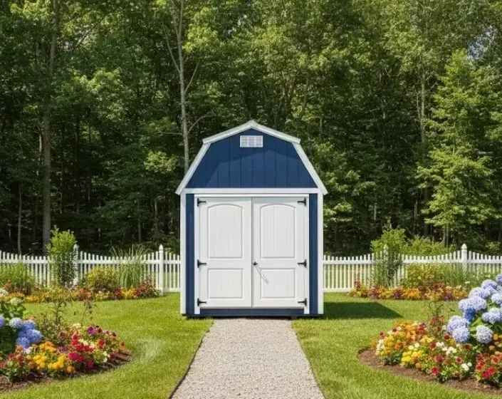 Blue-and-white lofted barn at the end of a gravel path, surrounded by flowers and trees