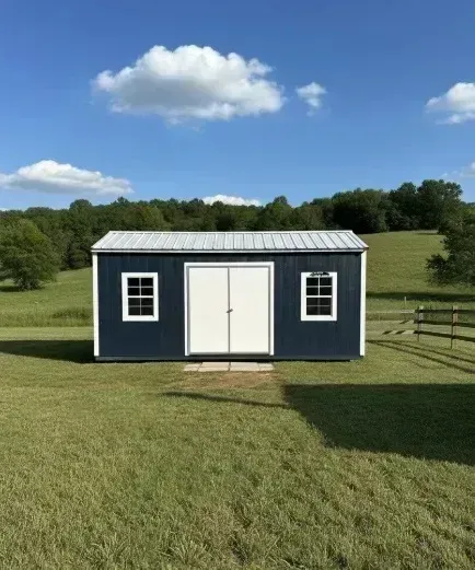 blue side garden shed with double doors