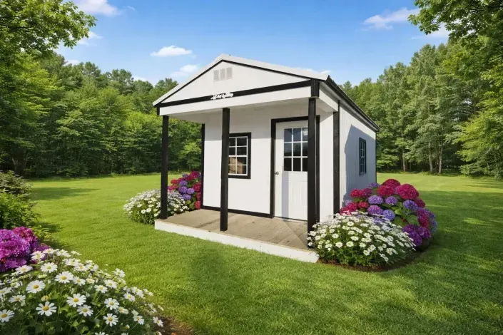 Small white garden shed with black trim, surrounded by green lawn and blooming purple flowers.