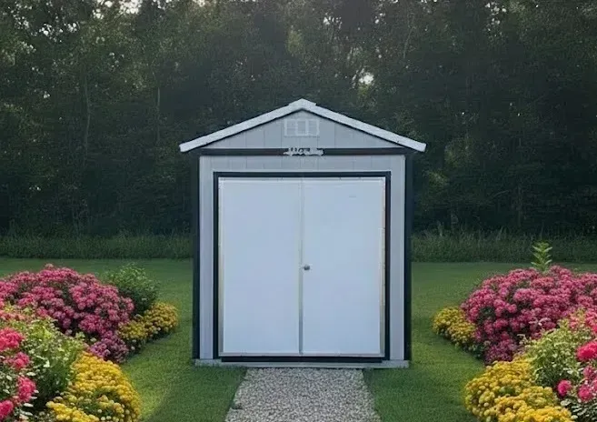 Small white garden shed with double doors, centered on a stone path, surrounded by colorful flower beds and greenery.