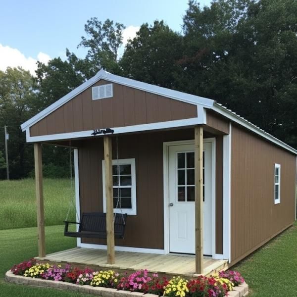 Small brown cabin with white trim, front porch swing, and flower bed in a grassy yard.