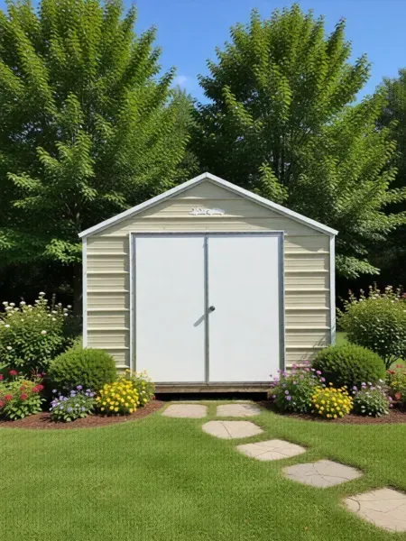 White garden shed with double doors in a landscaped backyard, framed by tall green trees and flower beds