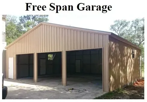 Tan metal free-span garage with open bays and large doors on a concrete driveway