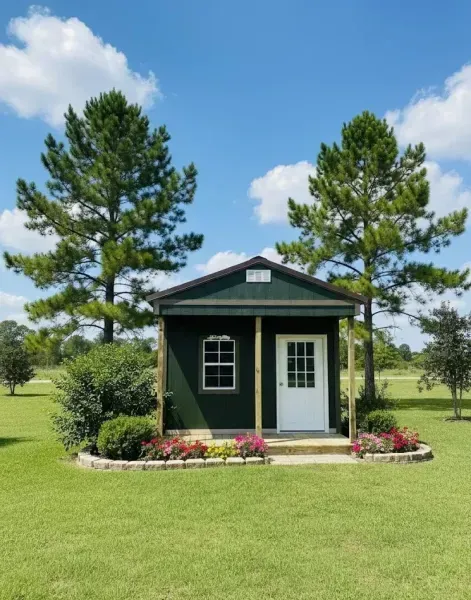 Small dark-green cabin with white door and windows, framed by pine trees and flower beds on a sunny lawn.