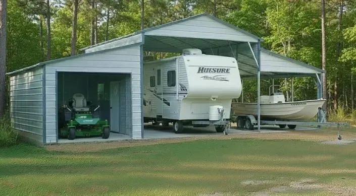 custom shop with cover for boat and RV and enclosed garage for mower