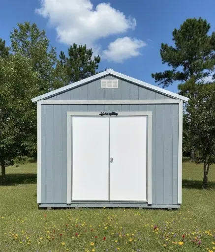 Small gray shed with white double doors standing on grass under a blue sky.