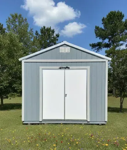 grey garden shed with double doors