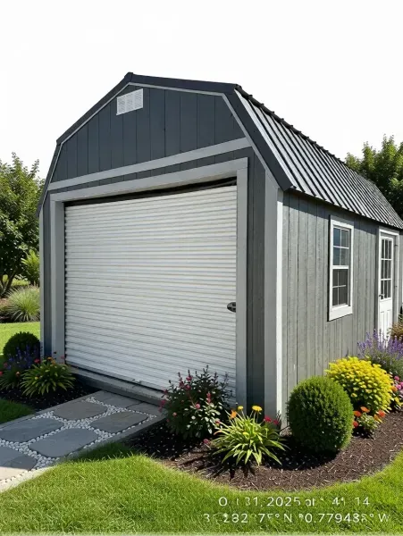 Small gray shed with white roll-up door, dark roof, and landscaped garden path beside it
